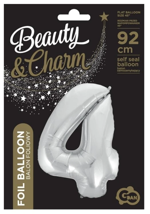 Balon foliowy cyfra 4 Beauty&Charm srebrna 92cm