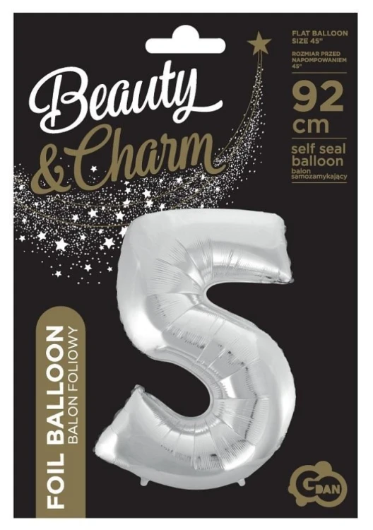 Balon foliowy cyfra 5 Beauty&Charm srebrna 92cm