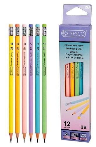 Ołówek trójkątny 2B z gumką Pastel 12szt., Cresco