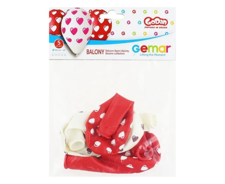 Balony premium serduszka czerwone/ białe 30cm 5szt