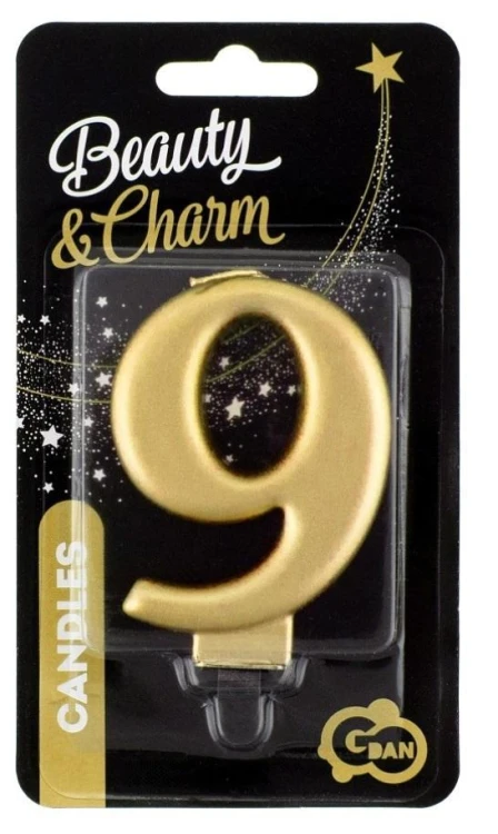 Świeczka cyferka 9 Beauty&Charm metalik złota 8cm