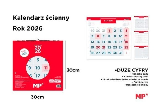 Kalendarz 2026 ścienny 30x30cm czerwony