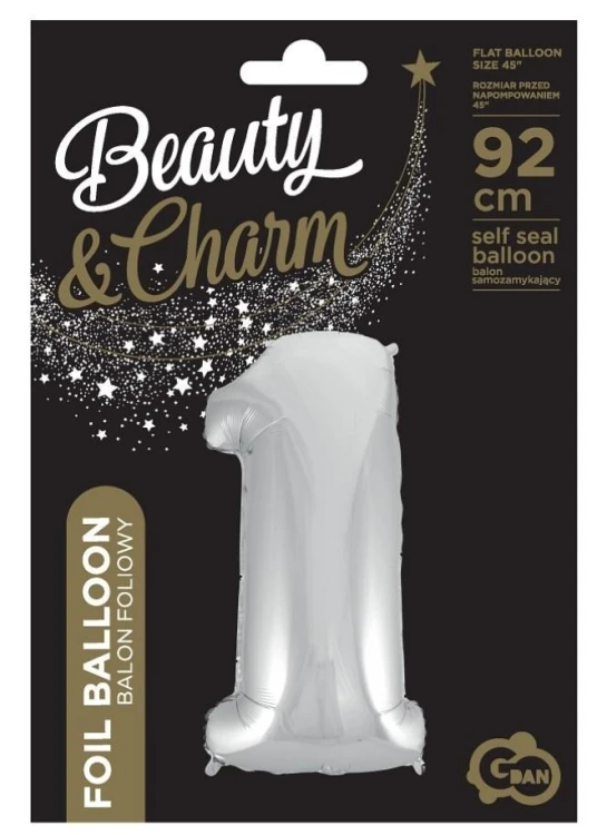 Balon foliowy cyfra 1 Beauty&Charm srebrna 92cm