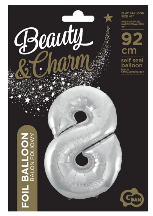 Balon foliowy cyfra 8 Beauty&Charm srebrna 92cm