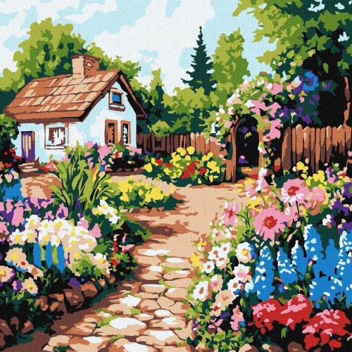 Malowania po numerach - Kwiaty przy chatce 30x30cm