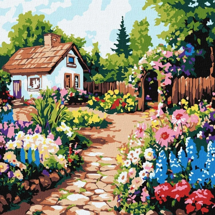 Malowania po numerach - Kwiaty przy chatce 30x30cm