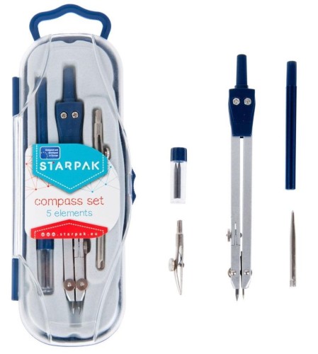 Cyrkiel metalowy + zestaw kreślarski 5el., STARPAK