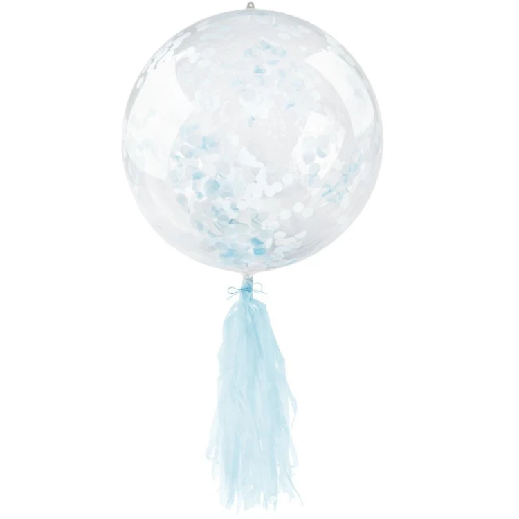 Balon PVC z konfetti i frędzlami niebieski