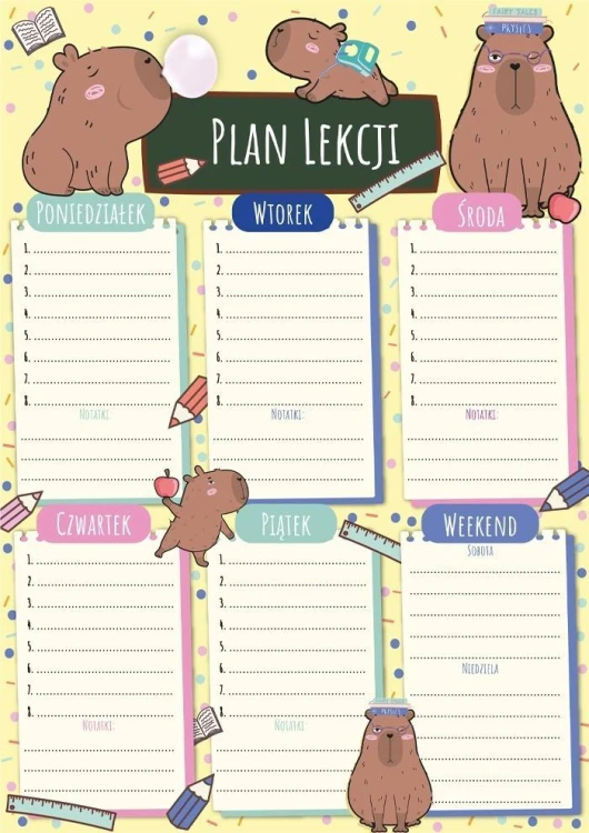 Plan lekcji z tabliczką mnożenia A4 Kapibary edu