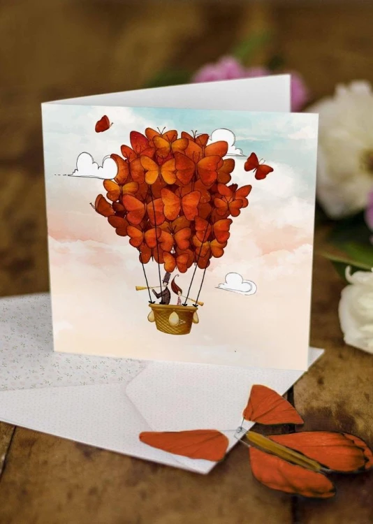 Karnet kwadrat z latającym motylkiem Ślub balon
