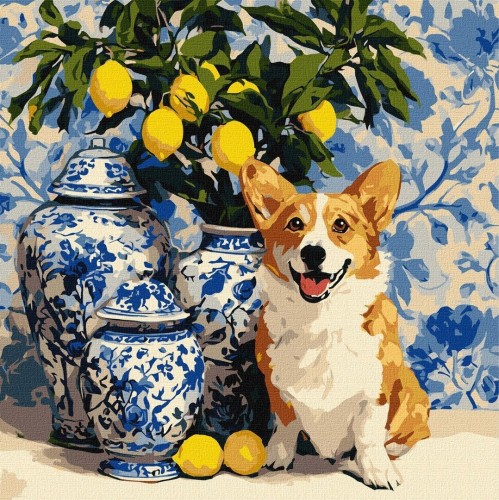 Malowanie po numerach - Corgi i cytryny 40x40cm
