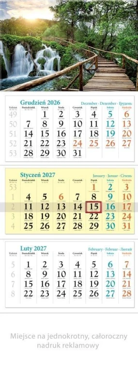 Kalendarz 2027 trójdzielny Wodospad