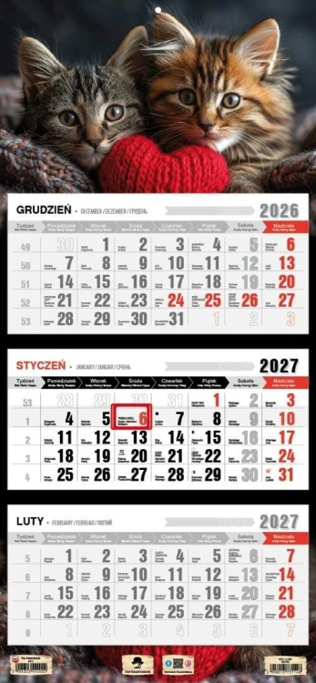 Kalendarz 2027 trójdzielny kotki