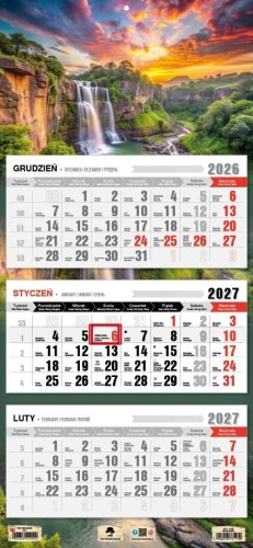 Kalendarz 2027 trójdzielny wodospad