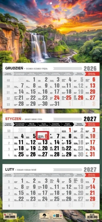 Kalendarz 2027 trójdzielny wodospad