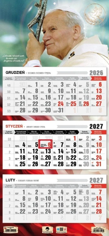Kalendarz 2027 trójdzielny Święty Jan Paweł II