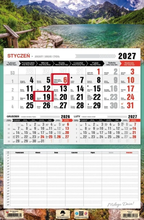 Kalendarz 2027 jednodzielny z planem zajęć Tatry