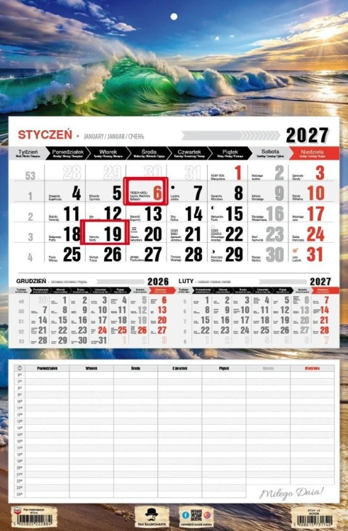 Kalendarz 2027 jednodzielny z planem zajęć Morze