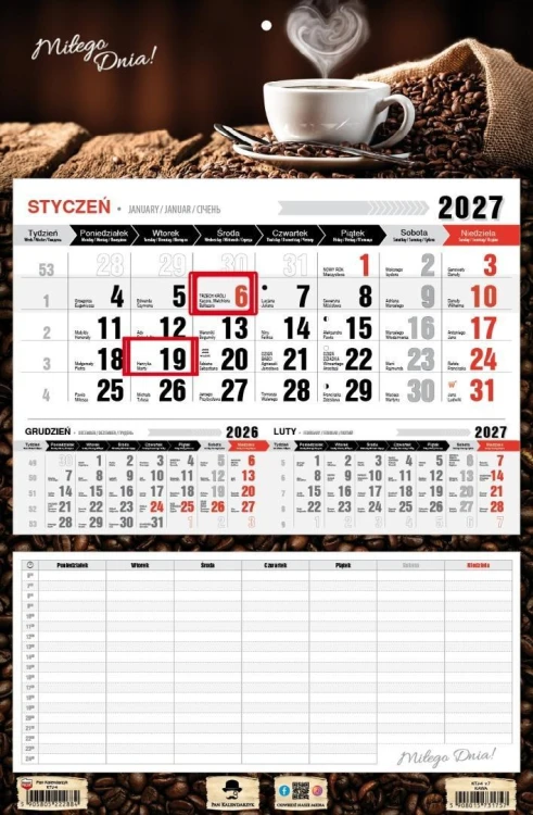 Kalendarz 2027 jednodzielny z planem zajęć kawa