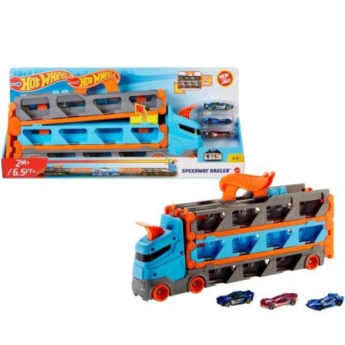 Hot Wheels Wyścigowy transporter 2w1 + 3 auta