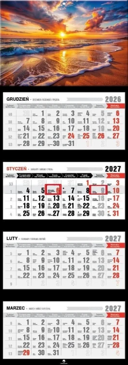 Kalendarz 2027 czterodzielny premium zachód słońca