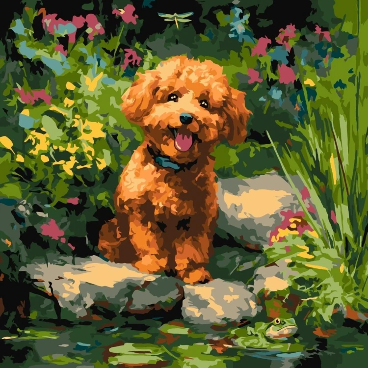 Malowanie po numerach - Pudel nad stawem 40x40cm