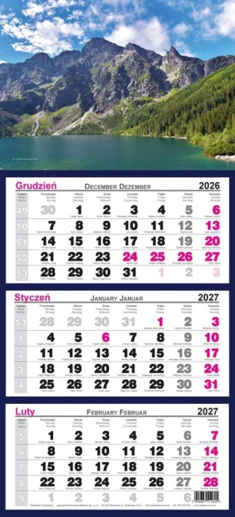 Kalendarz 2027 trójdzielny Morskie Oko