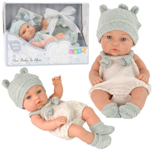 Lalka bobas szare ubranko czapeczka śliniak 18cm