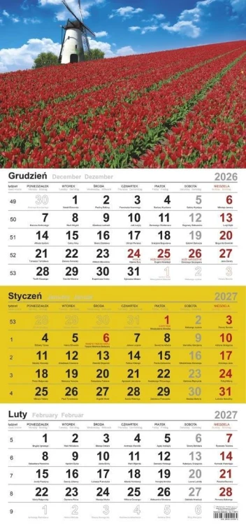 Kalendarz 2027 trójdzielny Kwiaty