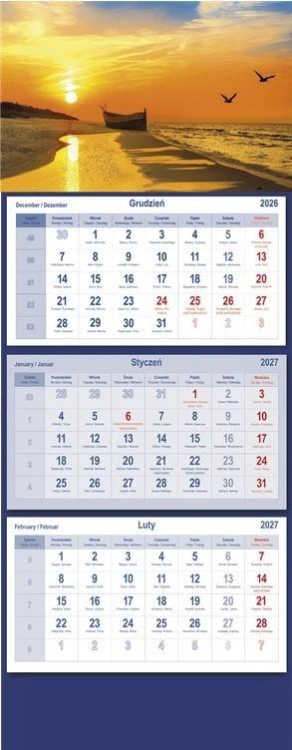 Kalendarz 2027 trójdzielny Bałtyk