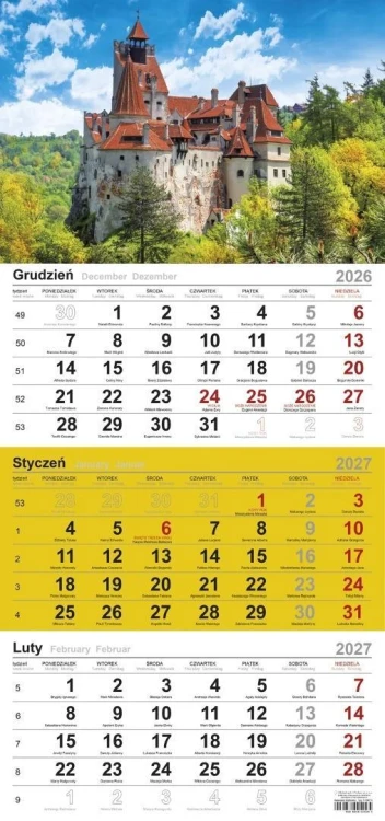 Kalendarz 2027 trójdzielny Zamek