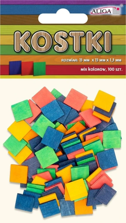 Kostki drewniane kolorowe 15x15x1,3mm 100szt