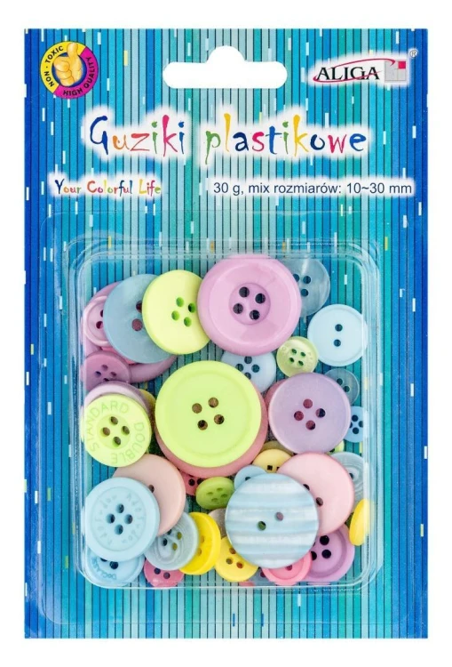 Guziki plastikowe kolorowe 1-3cm 30g, Aliga