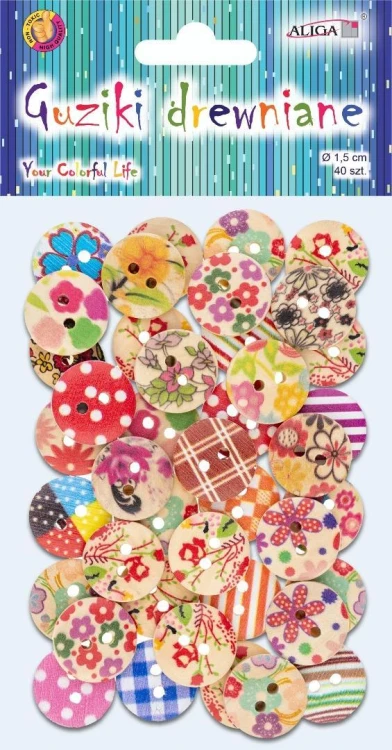 Guziki drewniane wielokolorowe 1,5cm 40szt, Aliga